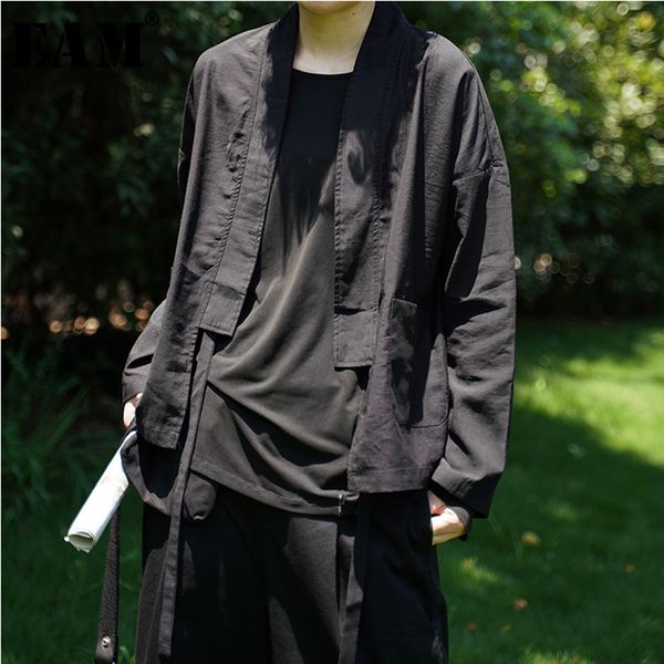 

eam] loose fit strap pocket shorts jacket new v- neck long sleeve women coat fashion tide all-match autumn winter 2019 1a279, Black;brown