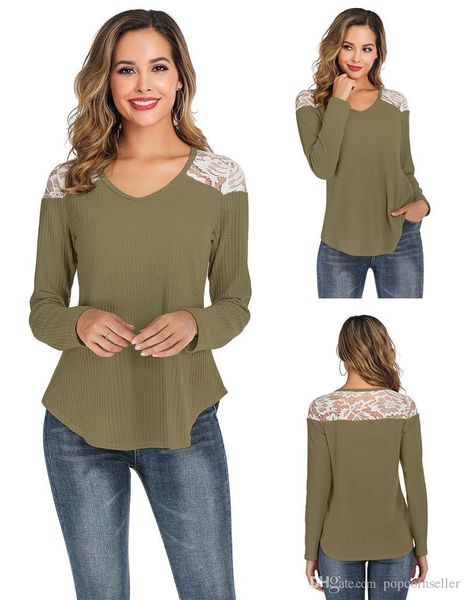 

fashion designer women t shirts lace patchwork t shirt v neck long sleeved waffle loose female clothing, White