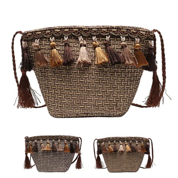 

2020 new summer ethnic women straw shoulder bag fashion woven tassel satchel bag crossbody bags for beach women