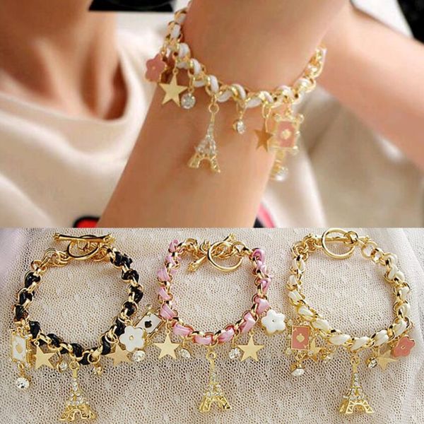 

тканые браслет ювелирные изделия многоэлементный золотая цепь кожа веревка кристалл ручной работы браслет эйфелева башня звезда кулон 3 цвет, Golden;silver