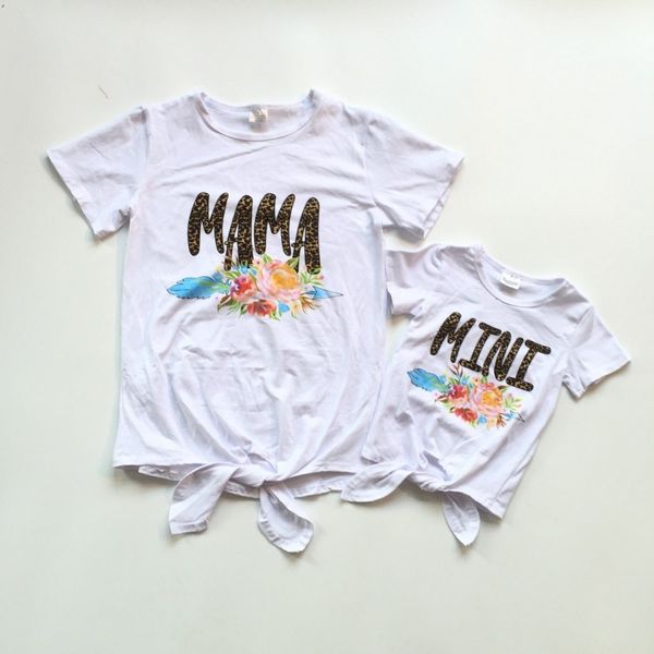 

mommy and baby girls summer t-shirts baby kids white shirt with leopard print and floral mom clothes mommy me shirts, Blue