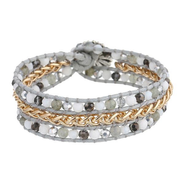 

natural stone aolly 3row wrap bracelet for women faced crystal white jade labradorite chain bracelets charm lucky gift, Black
