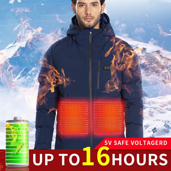 

men winter hooded electric jacket quality usb heated jacket thermal hiking camping heated coat polyester winter cothes, Blue;black