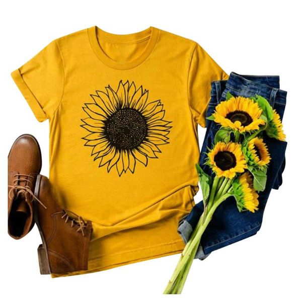 

sunflower printing t-shirt women o-neck short sleeved plus size tee shirt femme camiseta mujer, White
