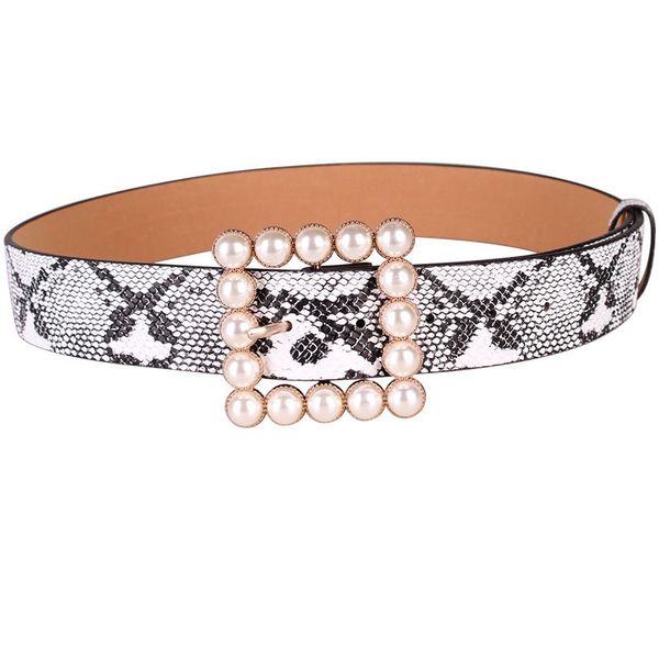 

fashion luxury vintage snake animal skin pattern pearl square pin buckle leather designer belt for woman female, Black;brown