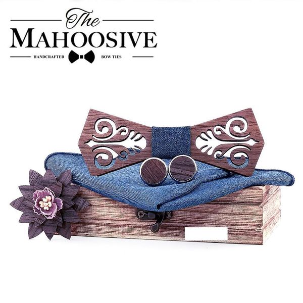 

mahoosive tie wooden bow ties papion man boda coffret cadeau homme cut out model with blue handkerchief cufflinks, Blue;purple