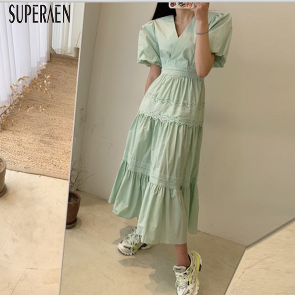 

superaen korean style long dress women solid color cotton fashion ladies dress summer new 2020 v neck short sleeve women clothes, Black;gray