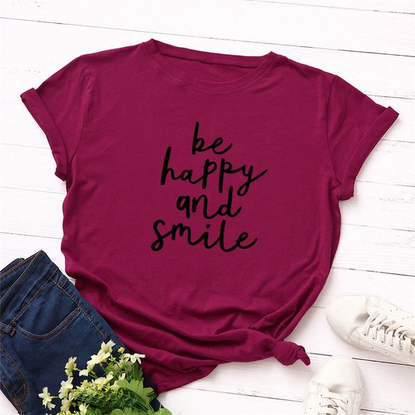 

fashion plus size women t-shirt 100% be happy and smile letters print funny t-shirt women o-neck short sleeve tshirt casual, White