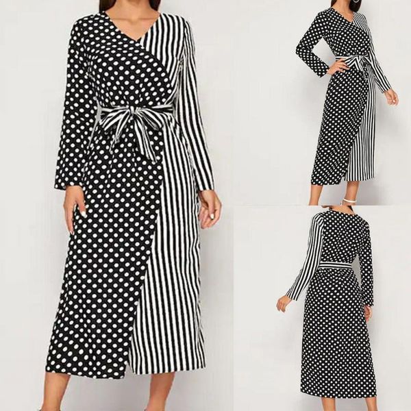 

women elegent v-neck dot stripe pactwork hight waist long sleeve belt dress casual dress vestidos female summer streetwear, Black;gray