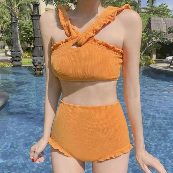 

women's swimsuit 2pcs bikini cross shoulder straps chest pads underwire solid color + high waist woman split swimsuit, White