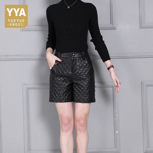 

2020 new genuine leather shorts for women winter high waist slim fit zipper wide leg short pants party wear female streetwear, White;black