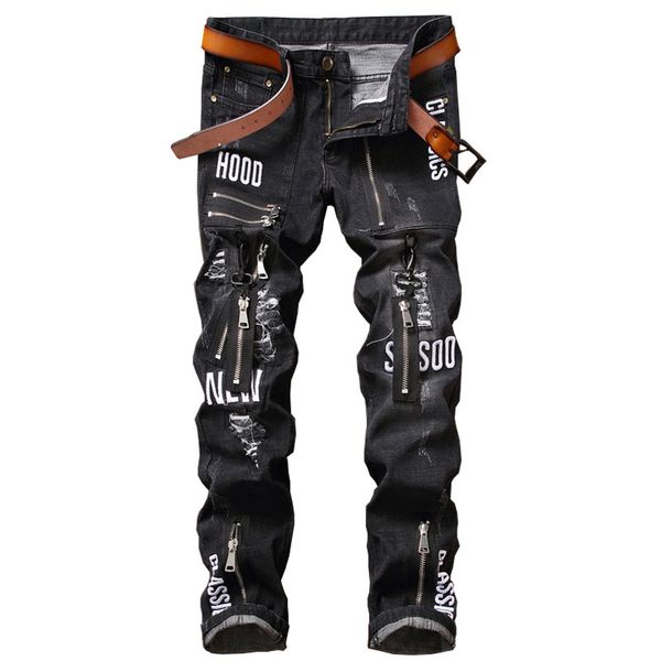 

newsosoo fashion men streetwear ripped jeans pants personality distressed patch denim trousers multi zippers patterns embroidery, Blue