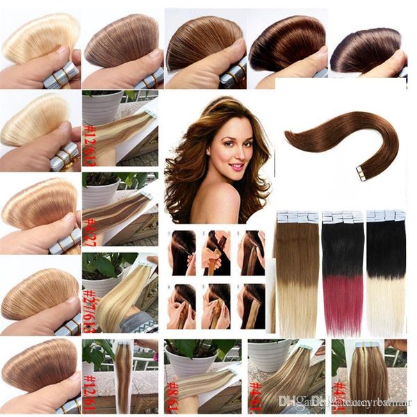 

11 color optional 7a tape in peruvian human hair extensions straight tape in extensions 40pcs/pack remy tape in hair extensions, Black