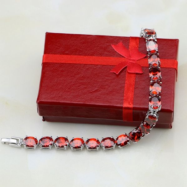 

oval red garnet cubic zirconia charm 925 sterling silver chain link bracelet vintage for women christmas gift gift box, Golden;silver
