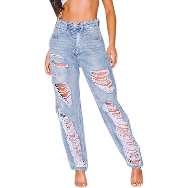 

fashion casual loose women jeans women ripped hole casual jeans pants, Blue