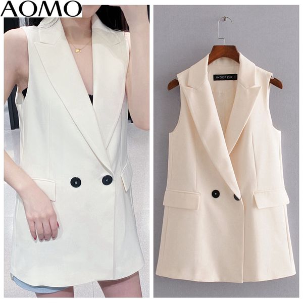

aomo fashion woman beige long vest coat office ladies waistcoat sleeveless blazer double breasted outwear elegant 3h465a, Black;white