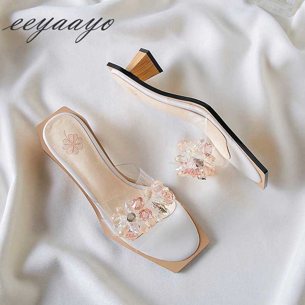

2019 new summer women slippers middle square heel crystal fashion mules women shoes white outside slides c22, Black