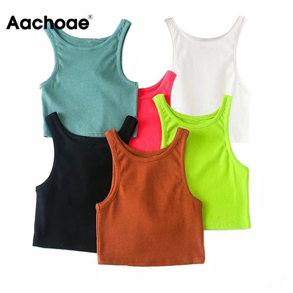 

aachoae summer women fashion tank 2020 solid casual knitted crop female sleeveless chic ladies ropa de mujer, White