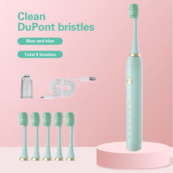 

new 1 kit sonic electric toothbrush usb charger rechargeable 5 modes teeth tooth brushes timer +5 replacement heads adults