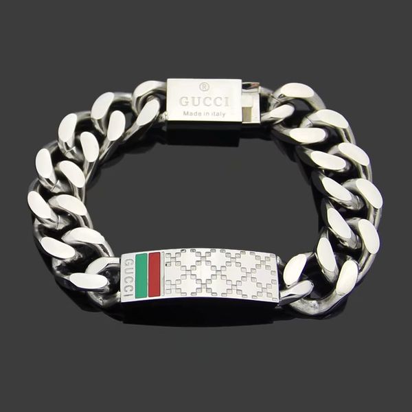 

fashion new arrive men lady 316l titanium steel red green enamel 18k plated gold thick chain bracelets with g letter pendant, Black