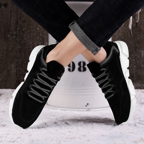 

2019 winter new men's casual shoes plush lightweight sneakers male leather fashion flats lace up warm cotton shoes, Black