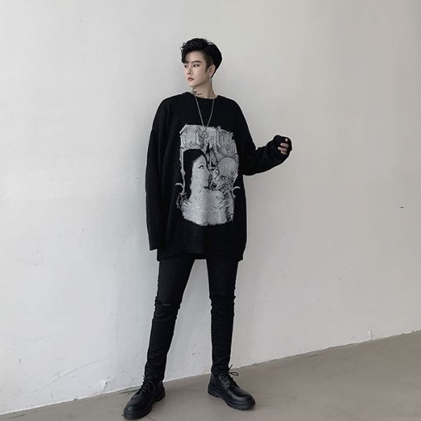 

men autumn winter loose casual pattern print long sleeve knitted pullover sweater male women streetwear hip hop fashion sweater, White;black