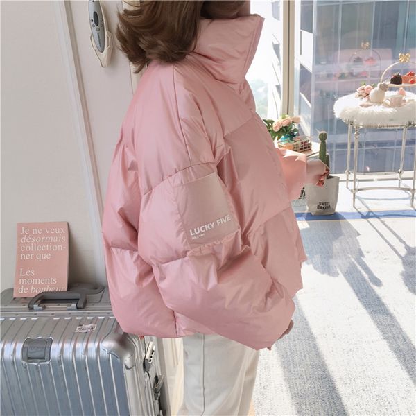 

2019 glossy winter down cotton padded jacket for women thick bright pink short shiny jacket blue red cotton parkas 0725-89, Tan;black