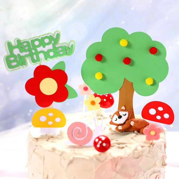 

1set ins kid birthday cake er forest theme birthday cake decor cute tree flower mushroom paper cake flag for baby shower