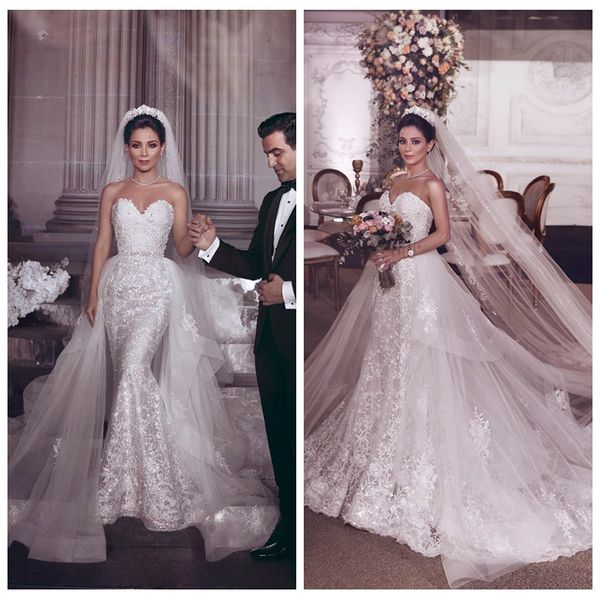 

2019 beautiful lace appliques mermaid long wedding dresses with detachable train pleated ruched bridal gowns beading vestidos de marriage, White