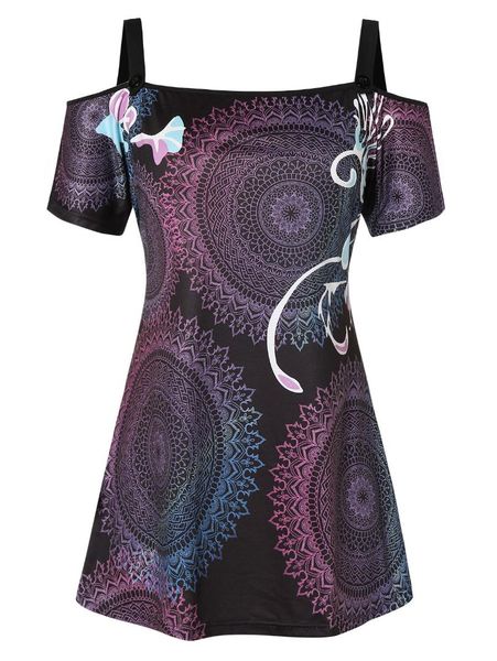 

wipalo plus size open shoulder tribal print t-shirt female square neck short sleeve casual t shirt ladies women clothing, White
