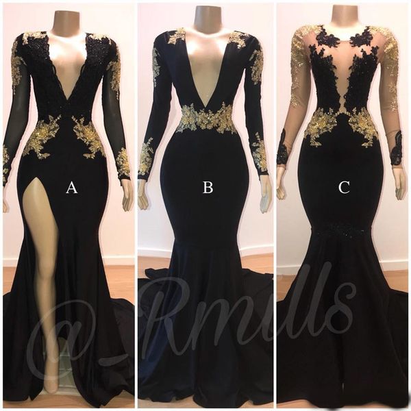 

black sheer v neck split side high mermaid prom dresses long sleeves black with gold lace applique evening gowns formals wear, Black;red