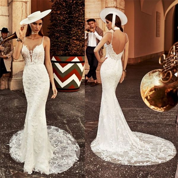 

floral mermaid wedding dresses spaghetti strap appliqued lace sweep train beach bridal gown sleeveless backless robes de mariÃ©e cheap, White