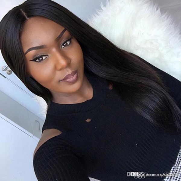 

шелковистые прямых парики бразильских волос африканского амер очаровательный длинный прямой парик + парик cap, Black