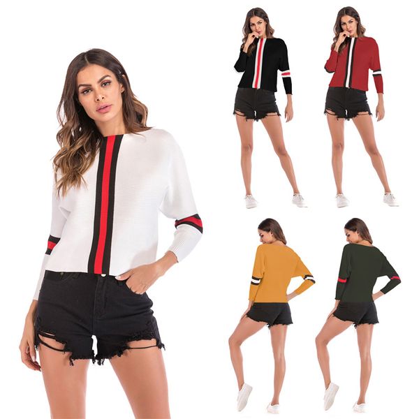 

autunm pullovers sweater women casual o-neck striped knitted loose long batwing sleeve black printed black ladies sweater, White;black