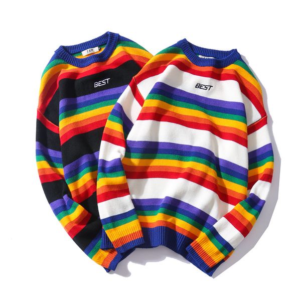 

letter print knitwear sweaters men color block rainbow striped sweater harajuku retro couple casual streetwear, White;black