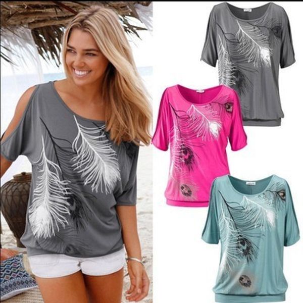 

summer dress new style fashion designer europe and america style feather print open shoulder round collar large size women short sleeve, White