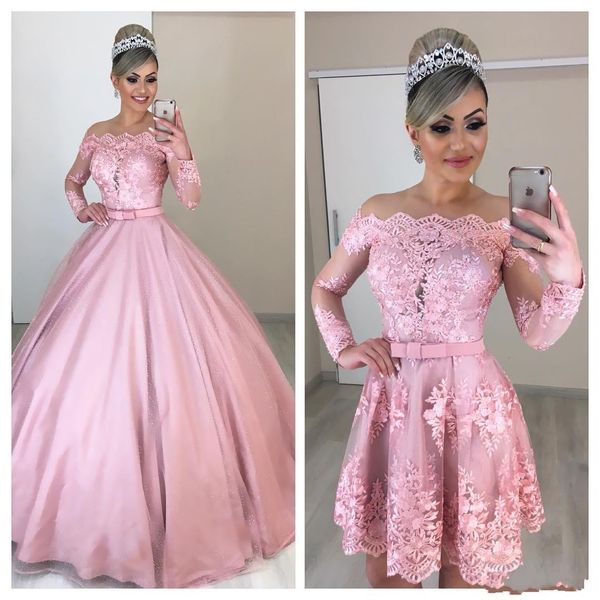 2020 Novo Vestido de Bola Árabe Rosa Quinceanera Vestidos Longos Mangas Lace Appliques Frisado Sash Destacável Partido Festa de Prom Noite Vestido