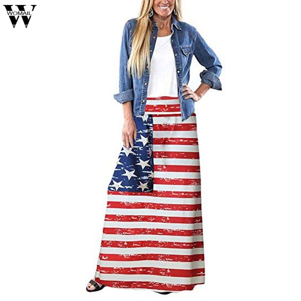 

womail women skirt summer bohemian striped american flag printed long skirt casual long skirts for women 2019 m523, Black