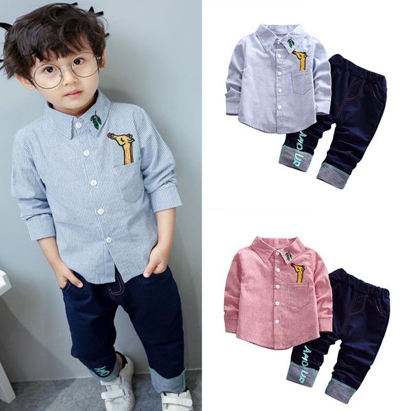 

2020 1baby boy gentlemen long sleeve striped soft cotton shirt +long pants trousers toddler outfits, White