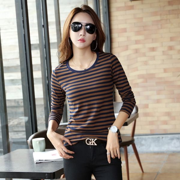 

2020 four seasons cotton round collar stripes slim long sleeve women's underpants t- t-shirt base shirt fashionable ins, White