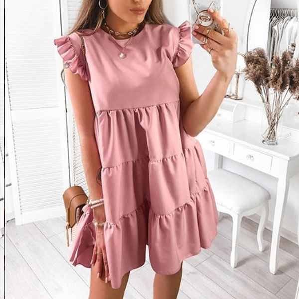 

beach dress women 2020 summer ruffle short sleeve plain pleated a- line dress womens elegant ruffles vintage mini vestidos, White;black