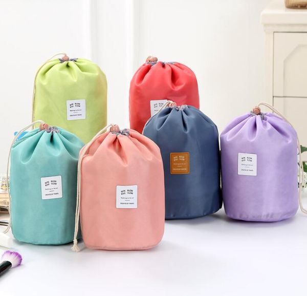 

dhl 50pcs barrel shaped cosmetic bag women nylon plain blank high capacity drawstring wash bags