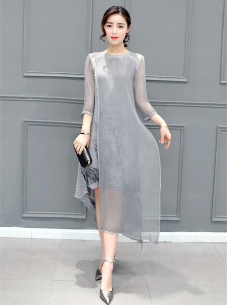 

fashion 2020 vintage silk print floral dress female elegant o-neck long summer dresses loose casual grey vestidos wxf745, Black;gray
