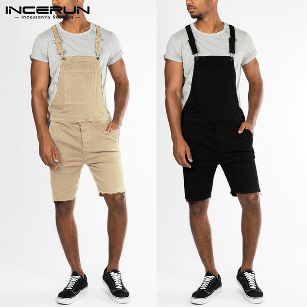 

incerun 2019 fashion cotton men pants romper pockets solid straps casual playsuits trousers men streetwear jumpsuit pants summer, Black