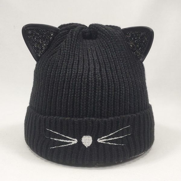 

cat shaped sequin ears women beanie hat winter fleece inside warm knitted cap black grey red pink yellow beige, Blue;gray