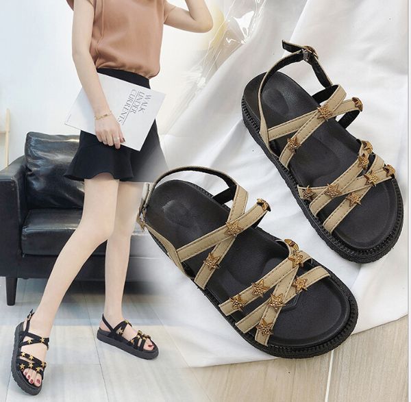 

summer new casual sandals women's buckle flat bottom slip comfortable breathable student fashion wild wear beach shoes, Black
