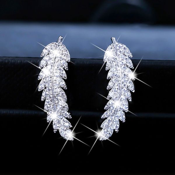 

korean handmade leaves earrings fashion simplicity micro-inlaid zircon gold and silver leaf stud earrings for women, Golden;silver