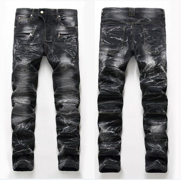 

уникальные мужские бледнел fold щитовые jeans fashion designer vintage straight leg slim fit motocycle scratched байкер джинсовые брюки jb65, Blue