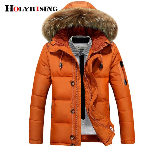 

holyrising winter big fake fur hooded duck down jackets men warm down coats male casual white duck outerwer 18490-5, Black