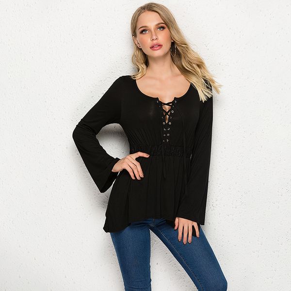 

women ladies drawstring bell sleeve long sleeve loose casual summer v-neck irregular hem shirt lace up bandage, White